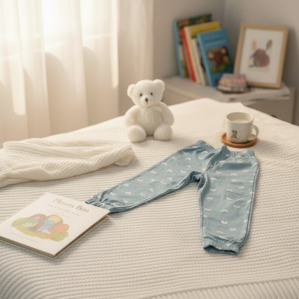 Blue Kids Pajama Set – Soft Cotton Nightwear with White Print - Picture 3 of 5